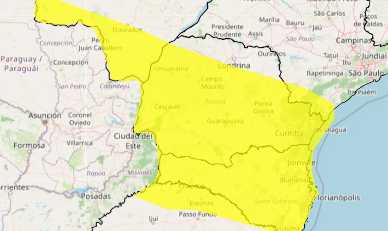 o mapa mostra as &aacute;reas em alerta para temporais e chuva intensa